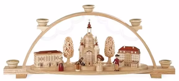 Schwibbogen Frauenkirche Dresden mit Coselpalais und Marktfiguren, naturbelassene Holzszene von
