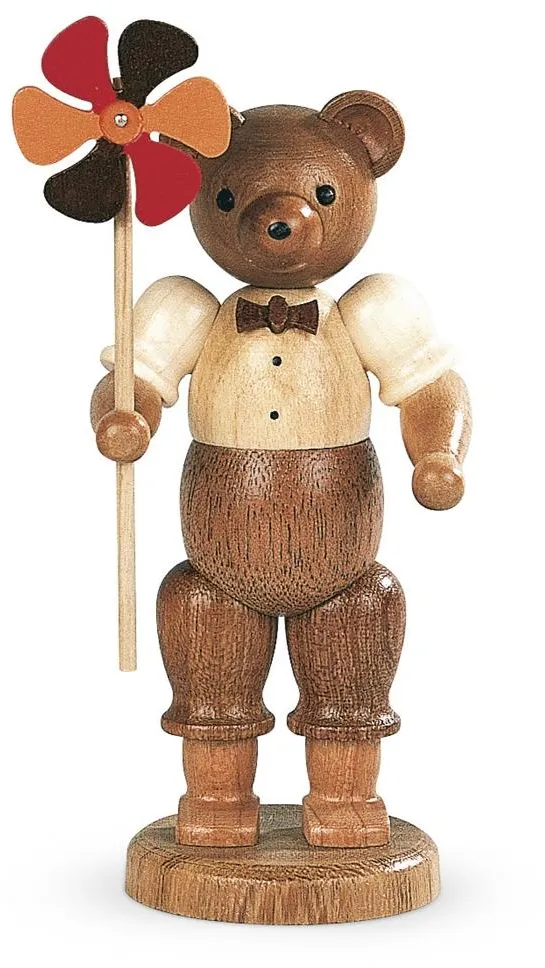 Bärensammelfigur – niedlicher Bär mit farbigem Windrad aus Holz von Kleinkunst aus dem Erzgebirge®,