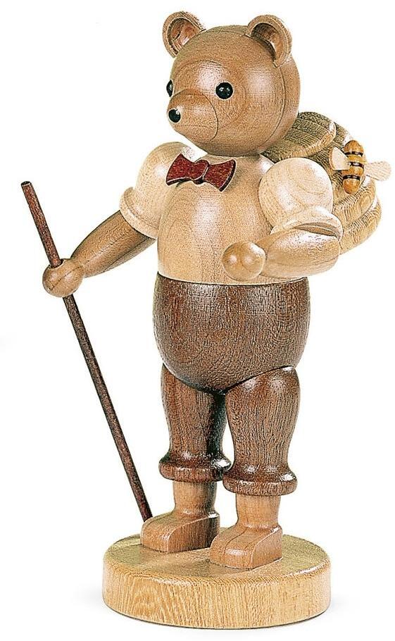 B&auml;rensammelfigur &ndash; naturbelassener B&auml;renmann mit Stock und Honigfass &ndash; H 15 cm