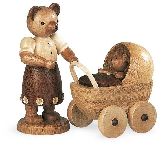 Bärensammelfigur – naturfarbene Bärenmutter mit detailreichem Kinderwagen auf stabilem Sockel – H = 