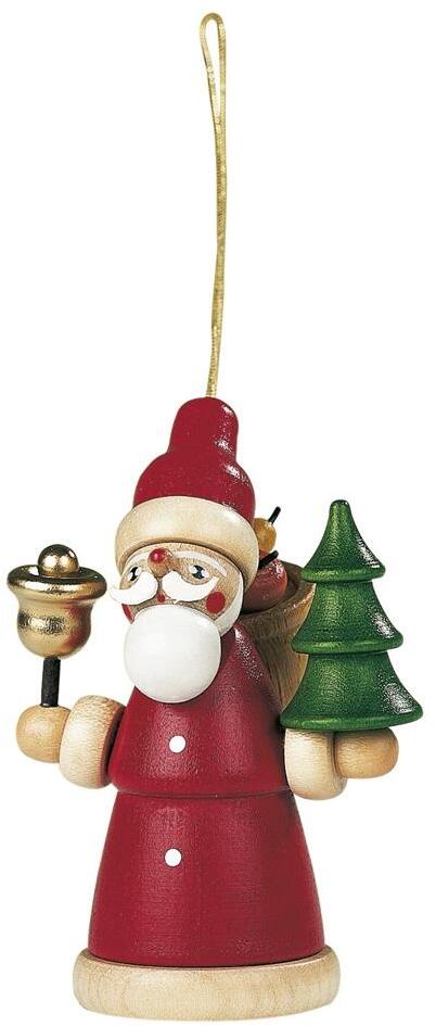 Christbaumschmuck &ndash; fr&ouml;hlicher Weihnachtsmann mit Baum und Geschenkesack, bunt bemalt &ndash; BxHxT = 3 x 8 x 2 cm