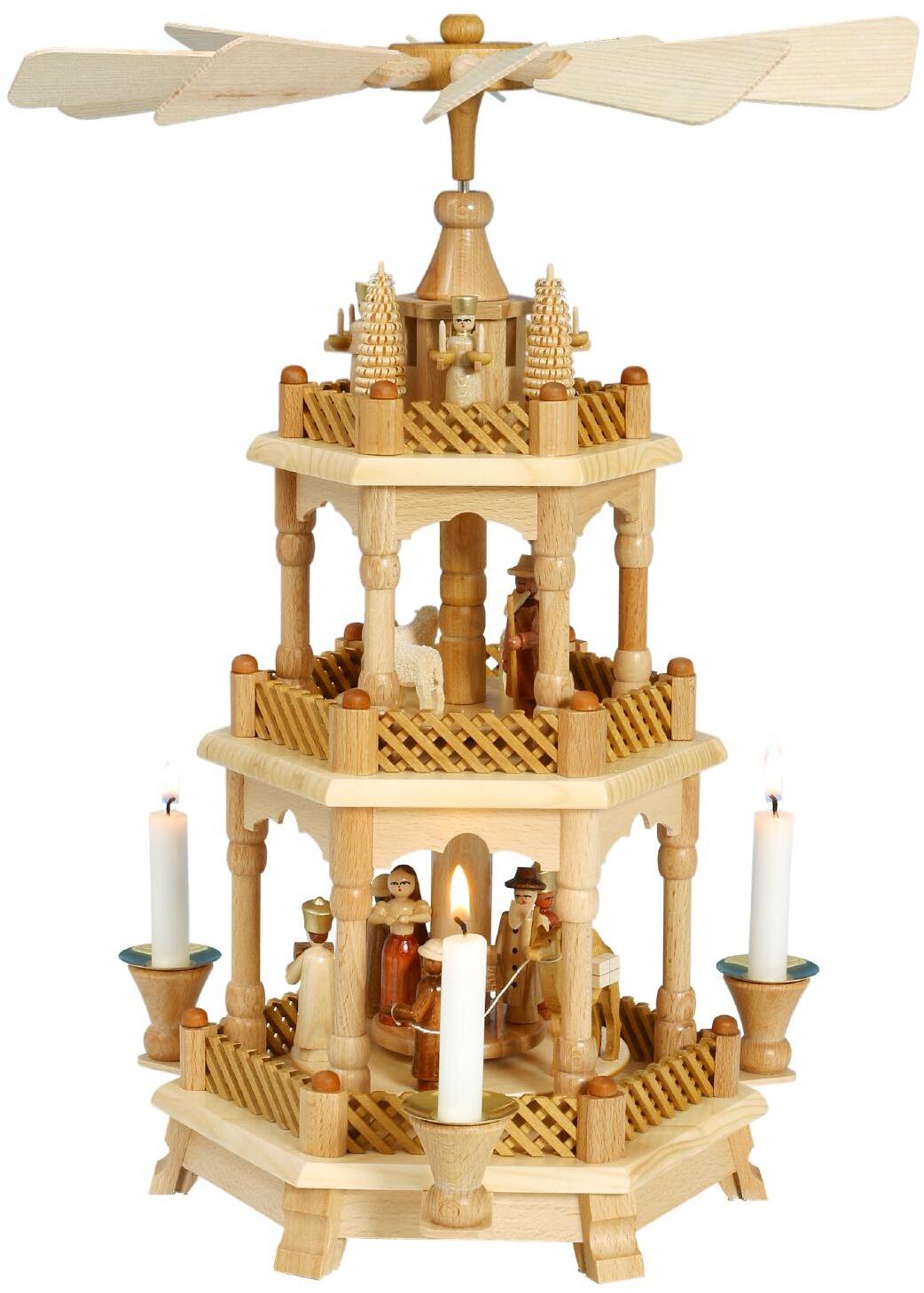 Pyramiden f&uuml;r Kerzen &ndash; naturfarbene Weihnachtspyramide Christi Geburt mit Engeln &ndash; ca. 30 x 42 x 30 cm