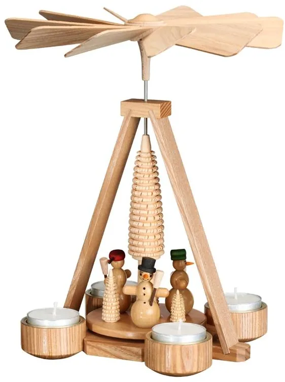 Pyramide Schneemänner natur für Teelichter aus Holz von Erzgebirgische Holzkunsterzeugnisse Frank