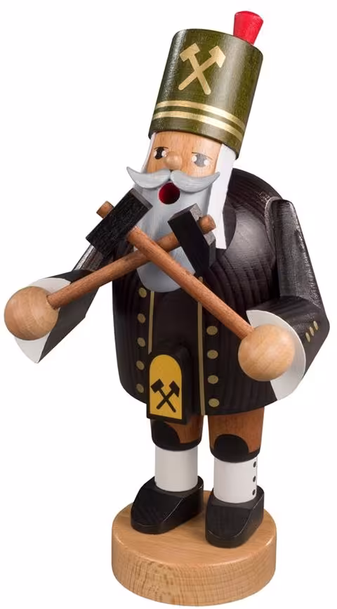 Räuchermann Bergmann aus Holz mit grünem Hut, Pfeife und Werkzeug, detailreich von KWO Kunstgewerbe