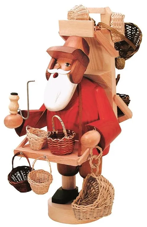 Räuchermann Korbhändler mit roter Jacke, braunen Hosen und Pfeife, detailreiche Holzfigur von KWO