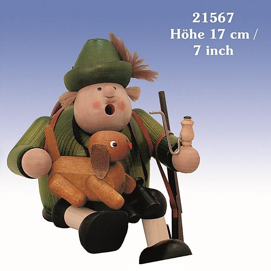 Räuchermann Förster als Kantenhocker mit grünem Hut, Gewehr und Hund aus Holz von KWO