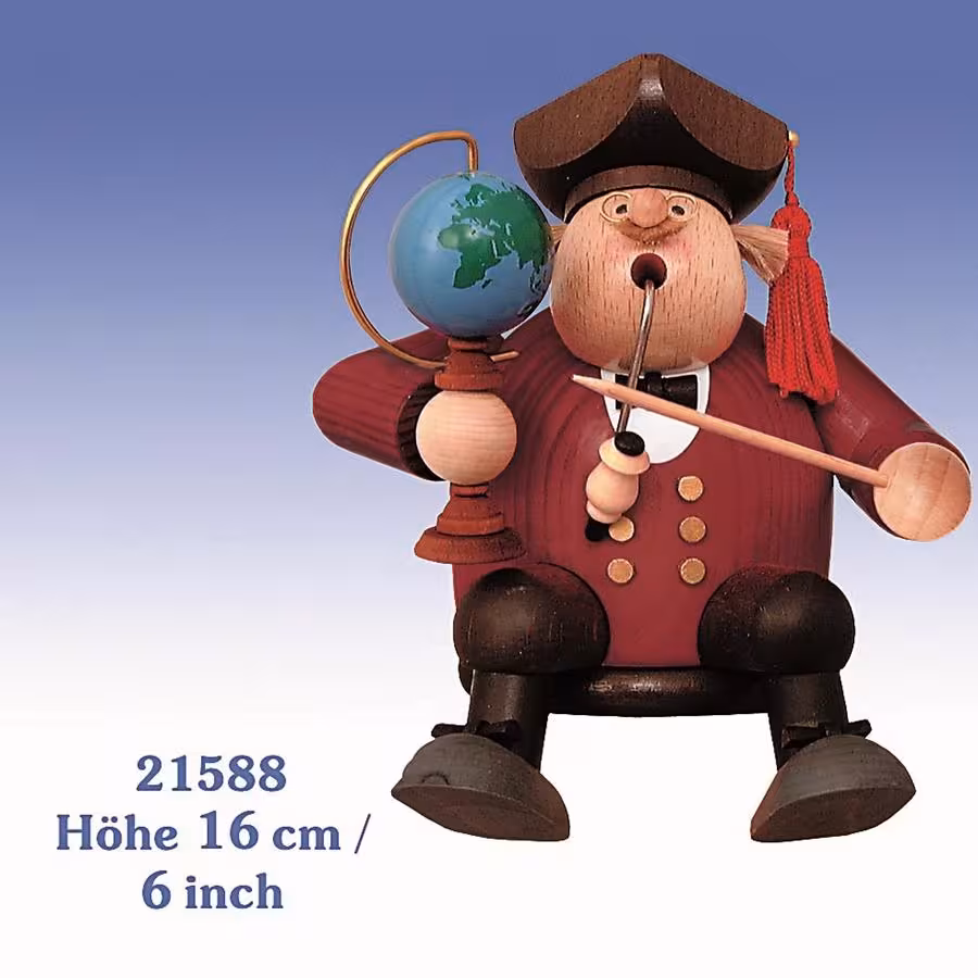 Räuchermann Professor mit Globus und braunem Hut als Kantenhocker aus Holz, dunkelrot-schwarz