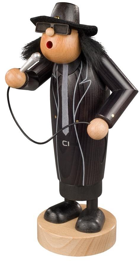 R&auml;uchermann &ndash; detailverliebter Rockmusiker mit Mikrofon, schwarzem Anzug und Hut &ndash; BxHxT = 12 x 24 x 10 cm