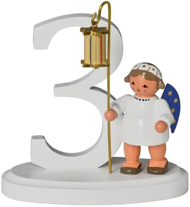 Miniaturfigur – filigraner Engel mit Zahl 3, weißes Kleid und blaue Flügel mit goldenen Sternen –