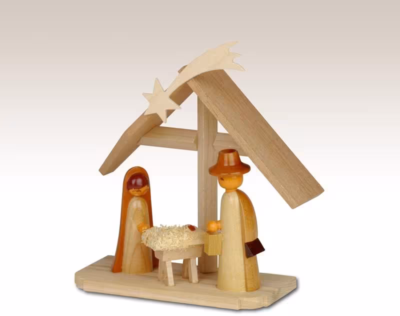 Miniaturfigur Christi Geburt auf Sockel naturbelassen aus Holz mit Maria, Josef und Krippe unter
