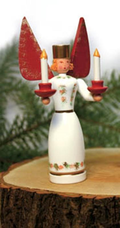 Miniaturfigur Engel mit Kerzen aus Holz, rote Flügel und zwei Kerzenhalter, Holzspielzeug und