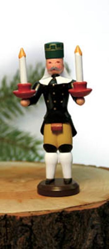 Miniaturfigur Bergmann mit Kerzen aus Holz, farbig gestaltet, Erzgebirge von Holzspielzeug und