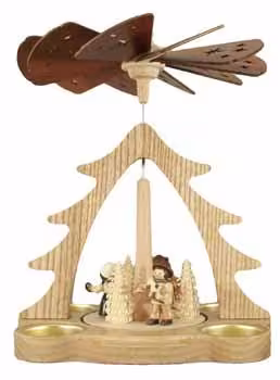 Tischpyramide Schwibbogenhändler aus naturfarbenem Holz mit Teelichtantrieb und kleinen Figuren von