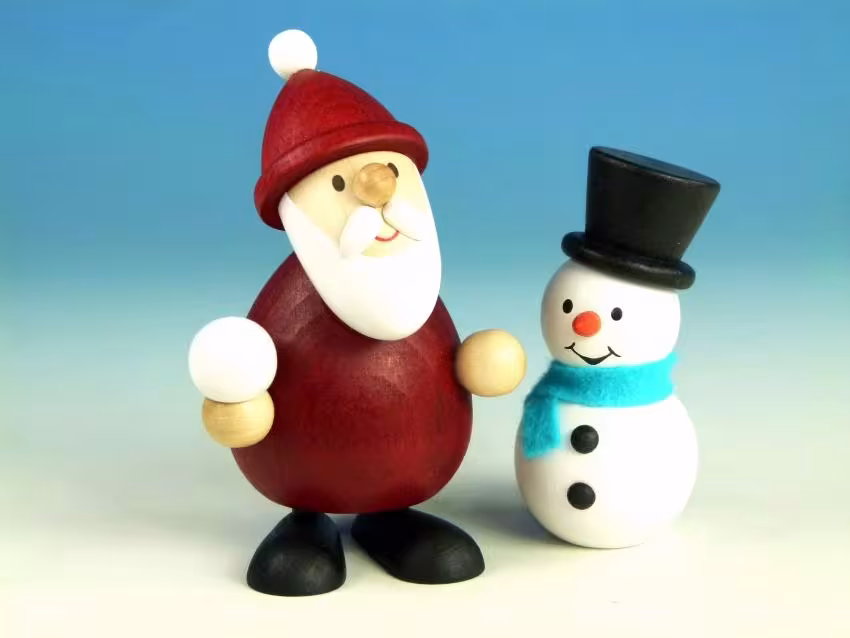 Holzfigur Weihnachtsmann mit Schneemann bunt bemalt von Kunsthandwerk Ullrich, detailreiche