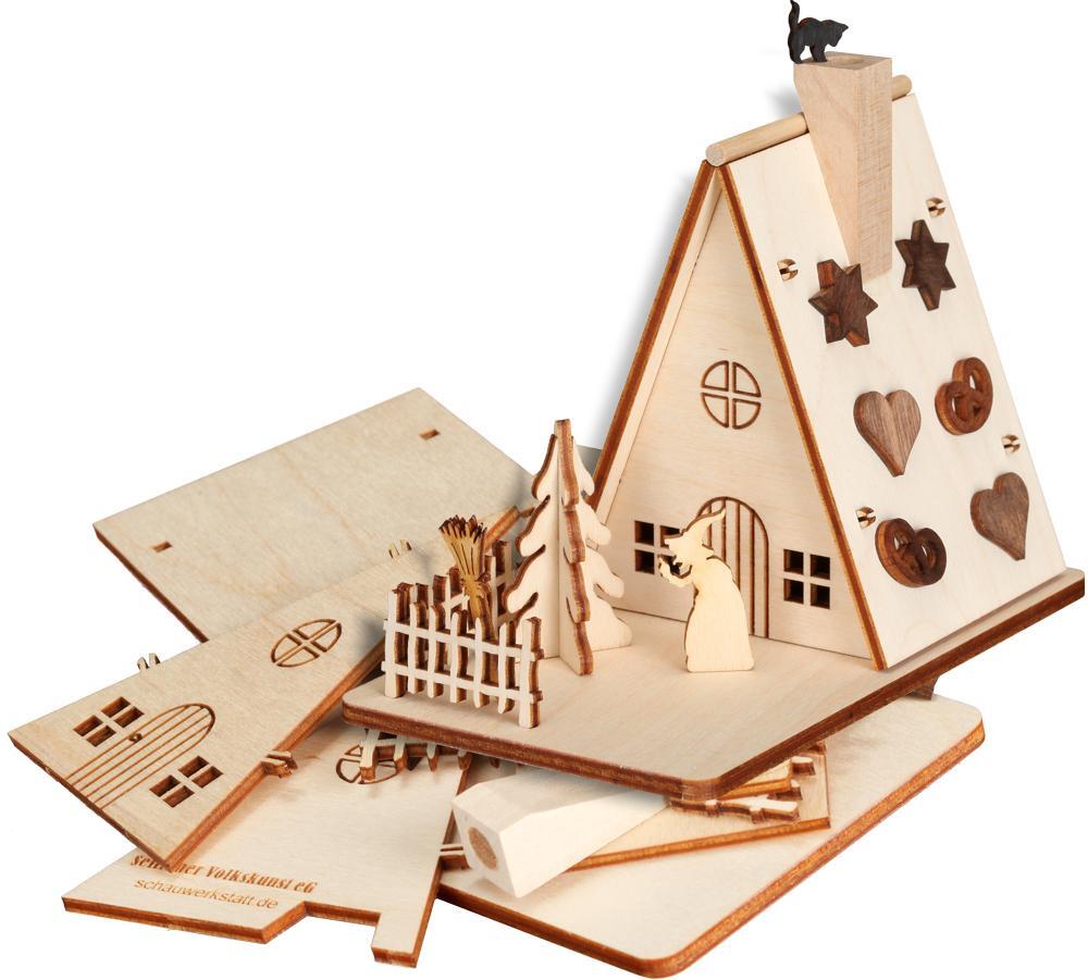 Bastelset &ndash; charmantes Hexenhaus aus Naturholz, detailreich und kreativ &ndash; BxHxT = 8 x 11 x 14 cm