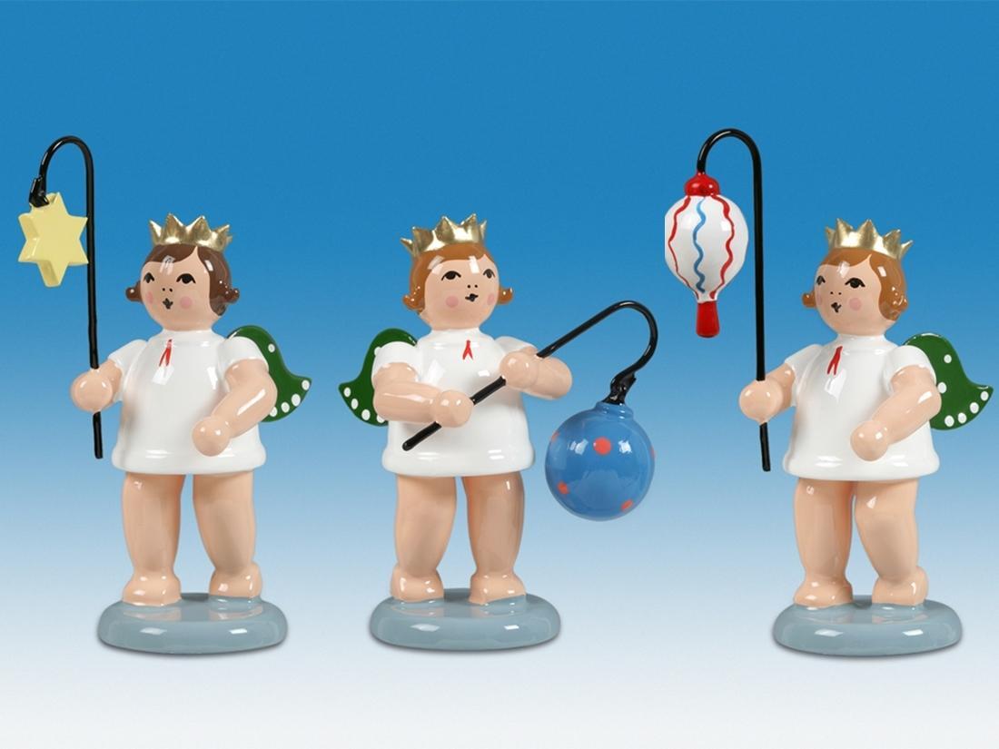 Holzfigur Engelfiguren mit Lampion 3-teilig ohne Krone H&ouml;he 6cm