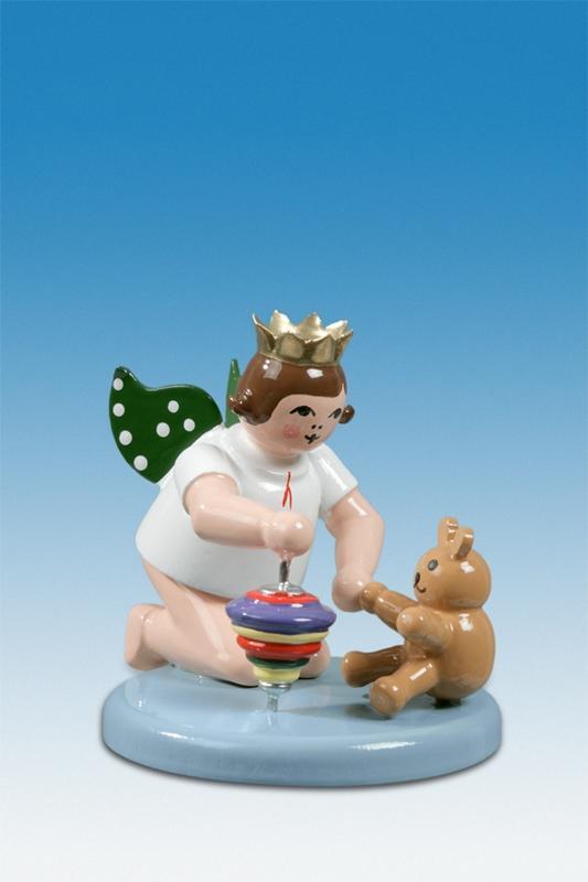 Holzfigur Engel kniend mit Kreisel und Teddy von KDE-Kunstgewerbliche Drechslerei Ellmann,