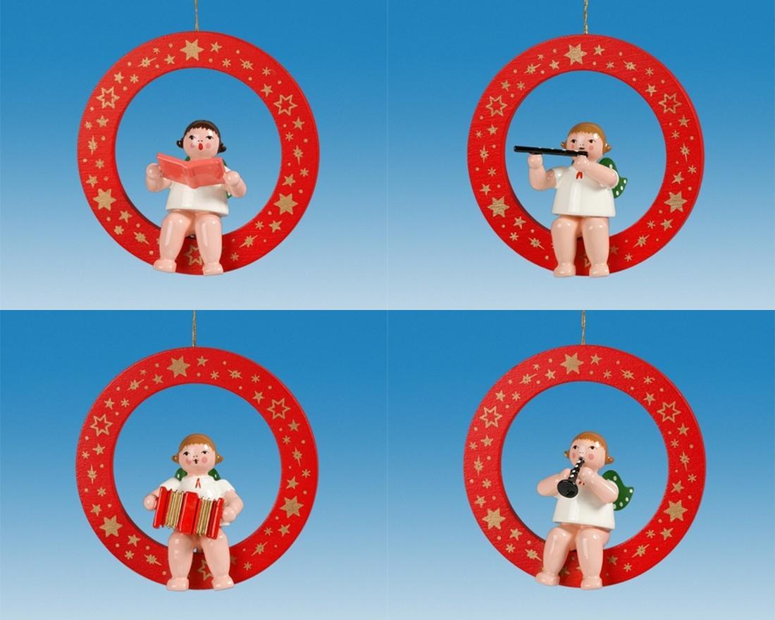 Christbaumschmuck Roter Ring mit Engel und Krone 4 teilig Höhe 6cm aus Holz, musizierende Engel im