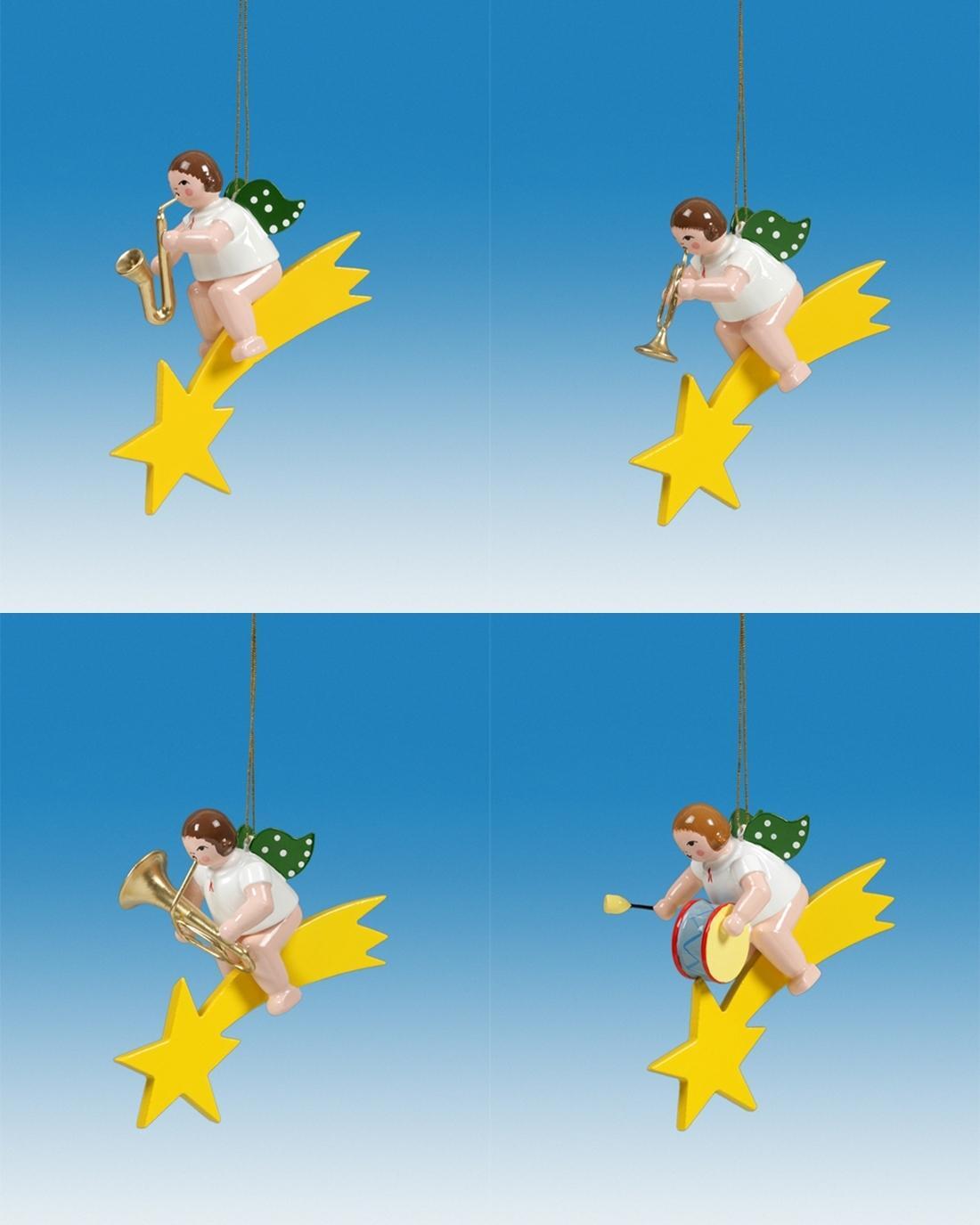 Christbaumschmuck Engel auf Sternschnuppe mit Instrument 4 teilig ohne Krone H&ouml;he 6cm
