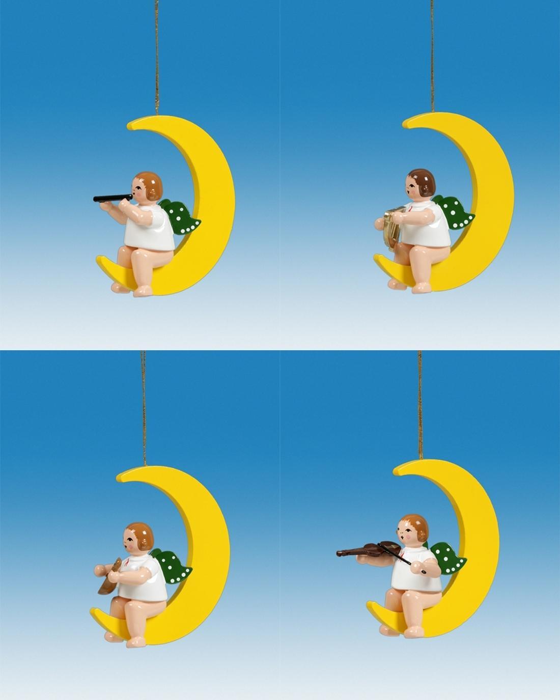 Christbaumschmuck Engel auf Mond mit Instrument und Krone 4 teilig H&ouml;he 6cm