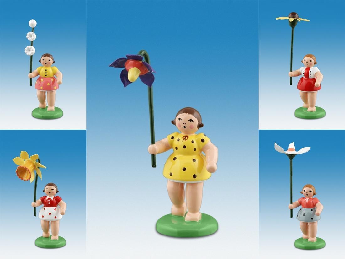 Holzfigur Fr&uuml;hlingsblumenkinder 5-tlg bunt H&ouml;he 7cm