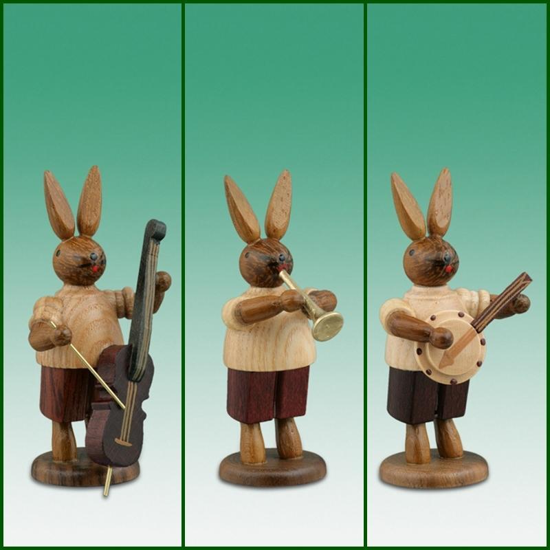 Osterfiguren – handgefertigte Osterhasen-Musikanten mit Geige, Trommel und Horn aus Holz von