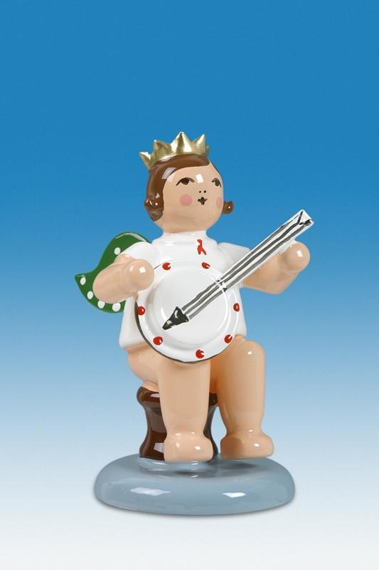 Holzfigur Engel sitzend mit Banjo und Krone Höhe 6cm von KDE-Kunstgewerbliche Drechslerei Ellmann,