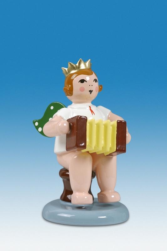 Holzfigur Engel sitzend mit Harmonika und Krone H&ouml;he 6cm