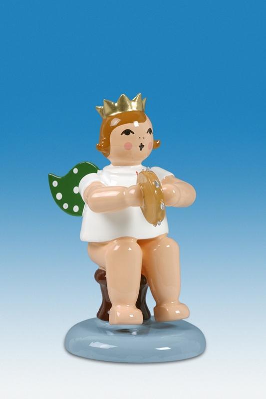 Holzfigur Engel sitzend mit Tamburin ohne Krone H&ouml;he 6cm