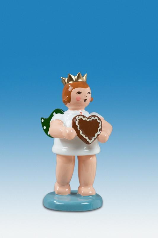 Holzfigur Engel mit Pfefferkuchenherz und Krone H&ouml;he 6cm