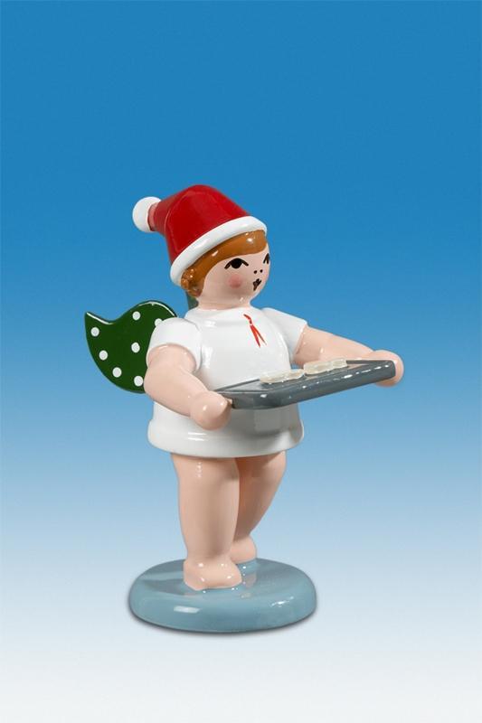 Holzfigur B&auml;ckerengel mit Backblech und M&uuml;tze H&ouml;he 6cm