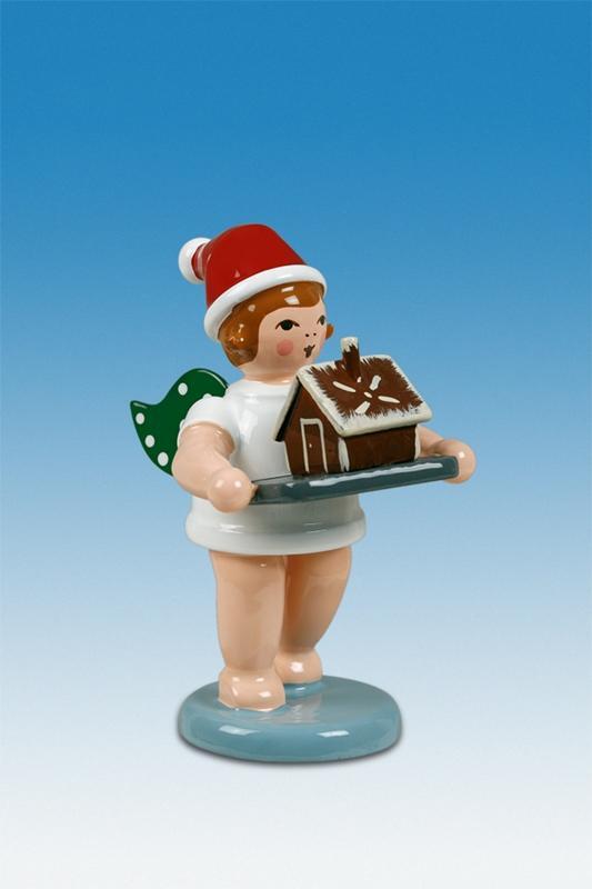 Holzfigur B&auml;ckerengel mit Pfefferkuchenhaus und M&uuml;tze H&ouml;he 6cm