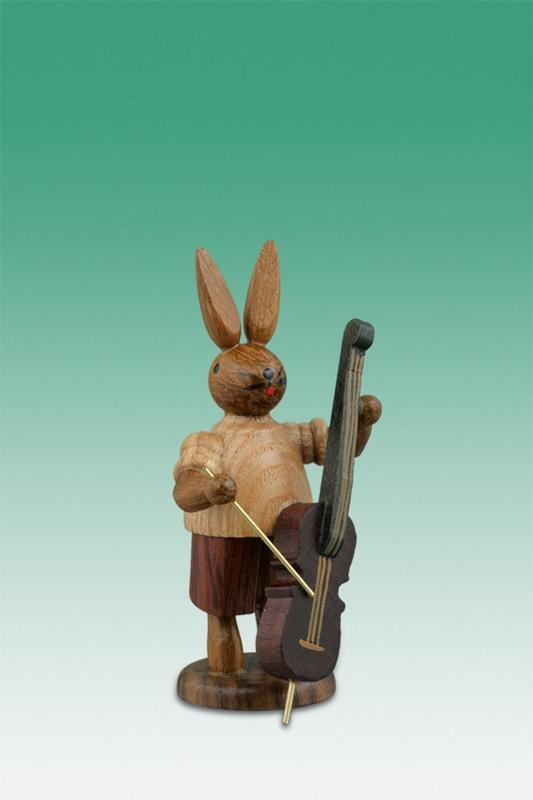 Osterfigur handgefertigter Osterhase Musikant mit Bassgeige aus naturbelassenem Holz von