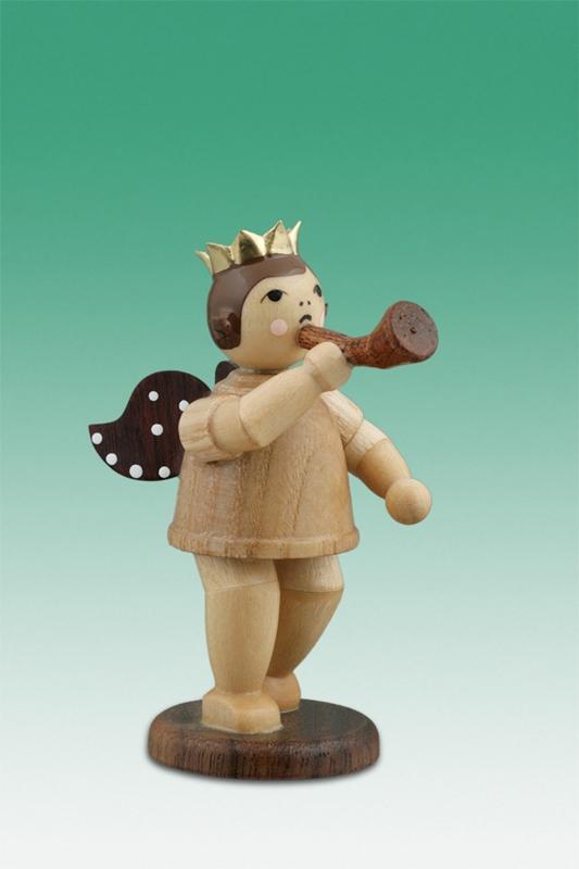 Holzfigur Musikantenengel mit Hifthorn und Krone natur H&ouml;he 6cm
