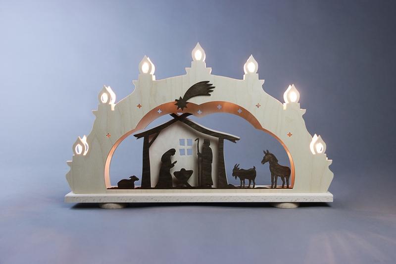 Schwibbogen &ndash; Handgefertigter Lichterbogen aus Naturholz mit Szene "Christi Geburt", beleuchtet &ndash; BxHxT ca. 52x32x4,5 cm