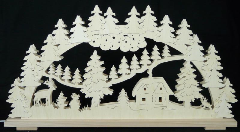 Schwibbogen &ndash; detailreiches Waldidyll mit charmantem Haus und Tieren, naturfarben &ndash; BxHxT = 70 x 37 x 7 cm