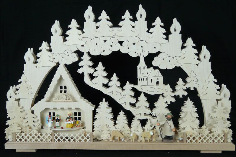 Schwibbogen &ndash; detailreicher Sch&auml;fer mit Schafen und Waldhaus, naturbelassen mit Beleuchtung &ndash; BxHxT = 70 x 43 x 7 cm