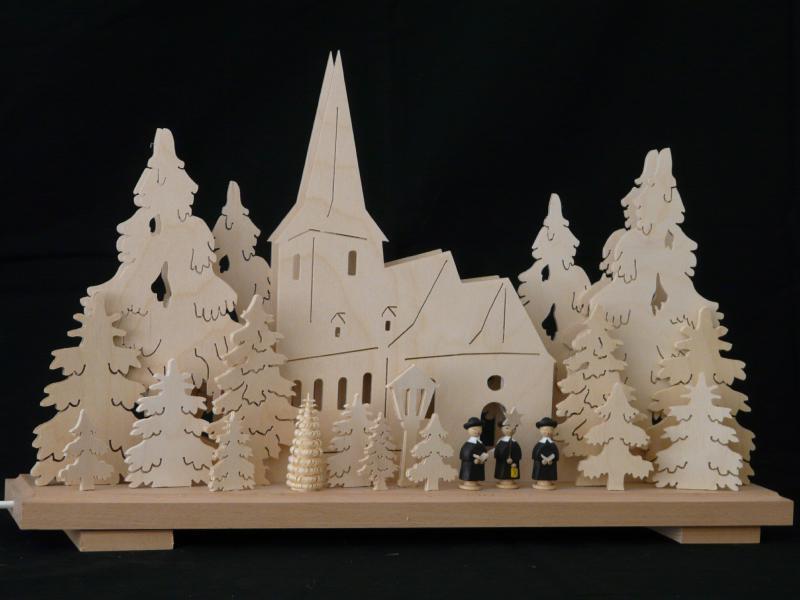 Schwibbogen &ndash; filigrane Kirche mit Kurrendes&auml;ngern, naturfarben und beleuchtet &ndash; BxHxT = 50 x 32 x 7 cm
