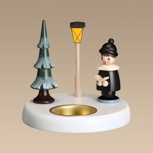 Kerzenhalter Kurrendesänger schwarz aus Holz mit Tannenbaum und Laterne von Erzgebirgische