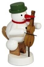 Weihnachtsdekoration – fröhlicher Schneemann mit schwarzem Hut und Cello, handbemalt – BxHxT = 5 x 8
