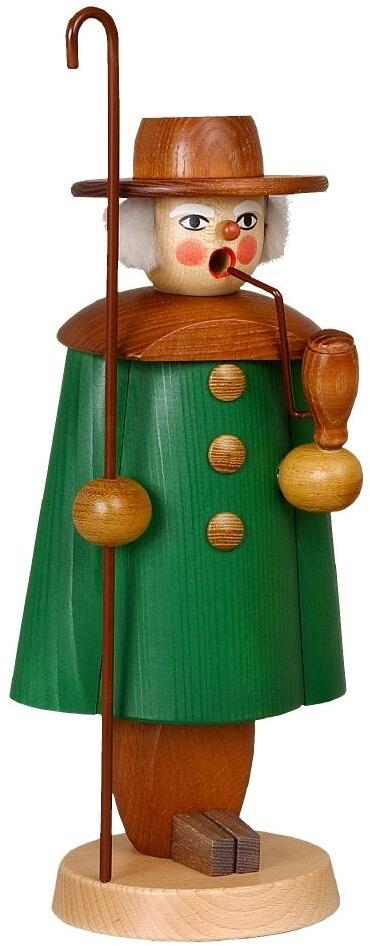 R&auml;uchermann &ndash; Sch&auml;fer mit gr&uuml;nem Mantel, Pfeife & Hirtenstab &ndash; B×H×T ca. 12×27×9,5 cm