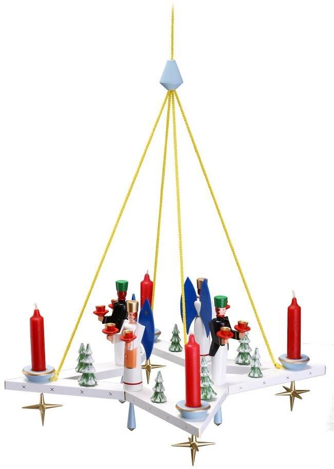 Lichterkranz &ndash; H&auml;ngeleuchter Stern mit Engel, Bergmann und Ringelb&auml;umen &ndash; BxT 50 x 50 cm