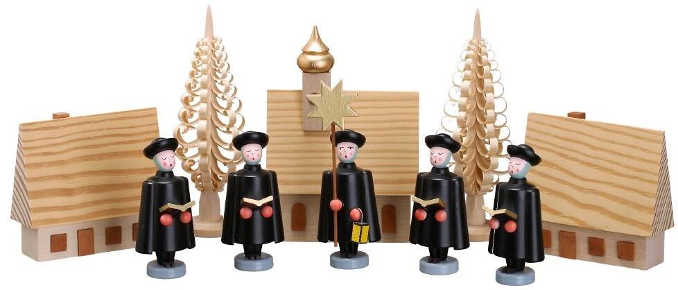 Weihnachtsdekoration &ndash; Kurrendefiguren im Set mit H&auml;user und Kirche &ndash; H 10 cm