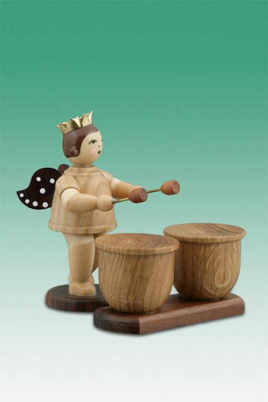 Holzfigur Musikantenengel mit Kesselpauke und Krone natur H&ouml;he 6,5cm