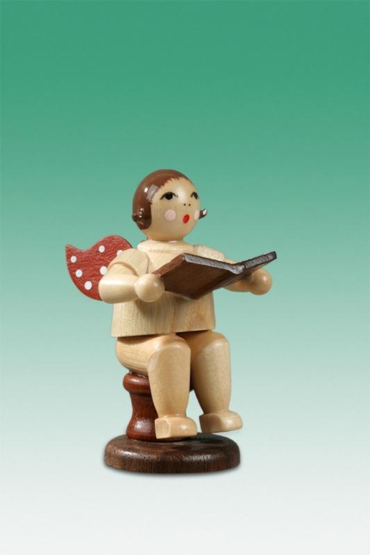 Holzfigur Musikantenengel mit Gesangbuch sitzend natur ohne Krone H&ouml;he 6,5cm