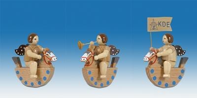 Holzfigur Engel 3tlg. auf Schaukelpferd mit Krone natur Höhe 6,5cm