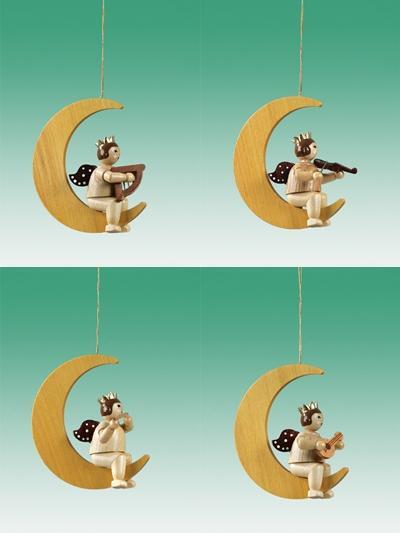 Baumbehang Engel 4tlg. im Mond mit Instrument und Krone Höhe 6,5cm