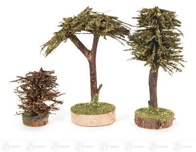 Holzbaum-Set – naturgetreue, handbemalte Dekoration in zartem Grün und bunten Akzenten – H = 12,5 cm