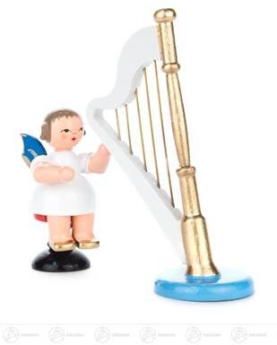 Engel mit Harfe sitzend, blaue Flügel Höhe ca 9,5 cm