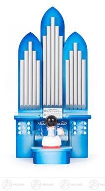 Engel an der Orgel mit Musikspielwerk, blaue Flügel Breite x Höhe x Tiefe 9,5 cmx18,5 cmx7,5 cm